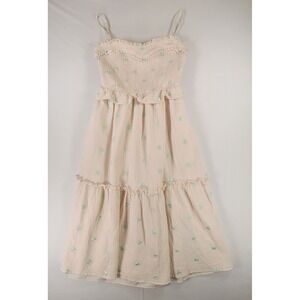 Just Me Smocked Floral Embroidered Cotton Gauze Midi Dress Beige Size M